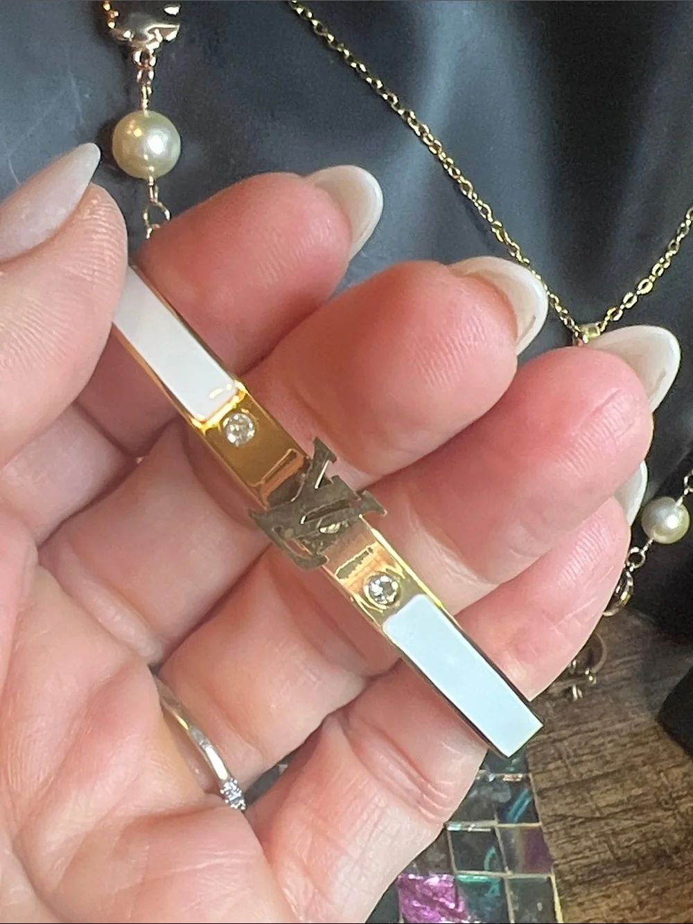 Gold-Tone Stainless Steel Bracelet with White Enamel and Crystal Accents